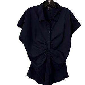 Ralph Lauren Women’s Navy Shirred Stretch Cotton Button Down Shirt Sz 18 NEW